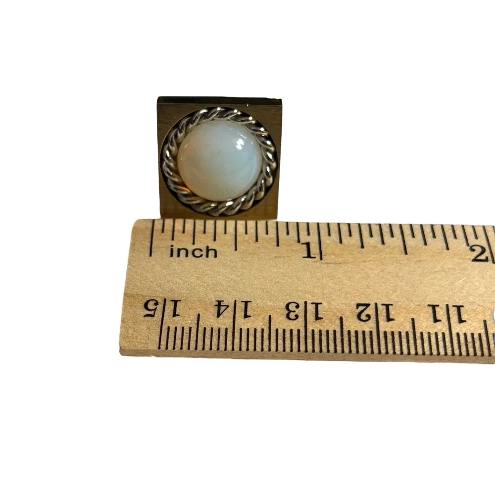 Foster Cufflinks Tie Tac Pin Set Cloudy White Round Acrylic Center Gold Tone VTG